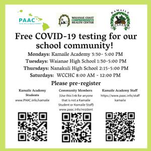 FREE COVID-19 testing at KAPCS for our school community!